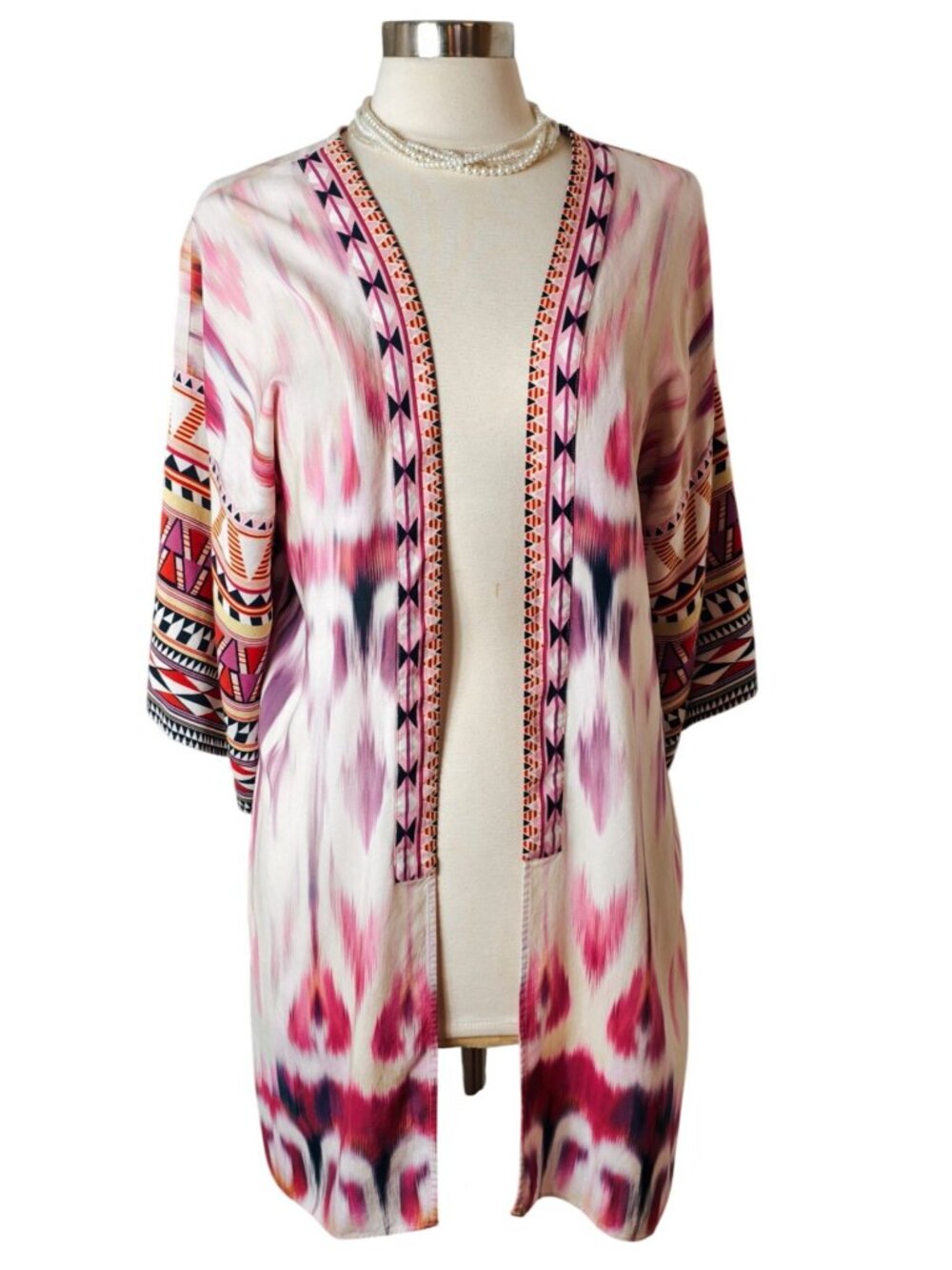 Hale Bob XS Open Front Kimono Boho Pink Multi Oversized Tribal Lightweight Layer - Picture 8 of 8